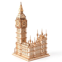 Rolife Big Ben 3D puzzle assembly close-up showing precise laser-cut details for collectors.