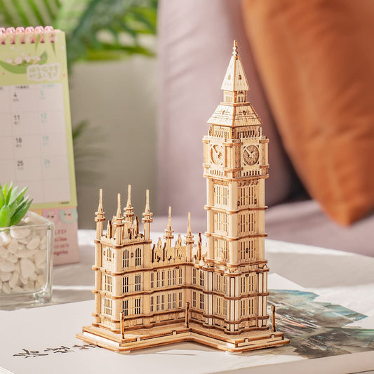 Rolife Big Ben 3D puzzle on London architecture display, ideal desk decor.