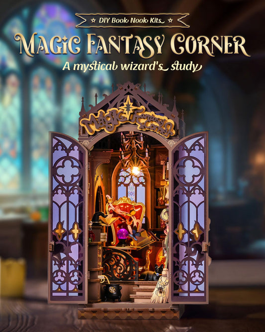 Rolife Book Nook Kit Crystal Ball Glow: purple light enhances display ambiance.