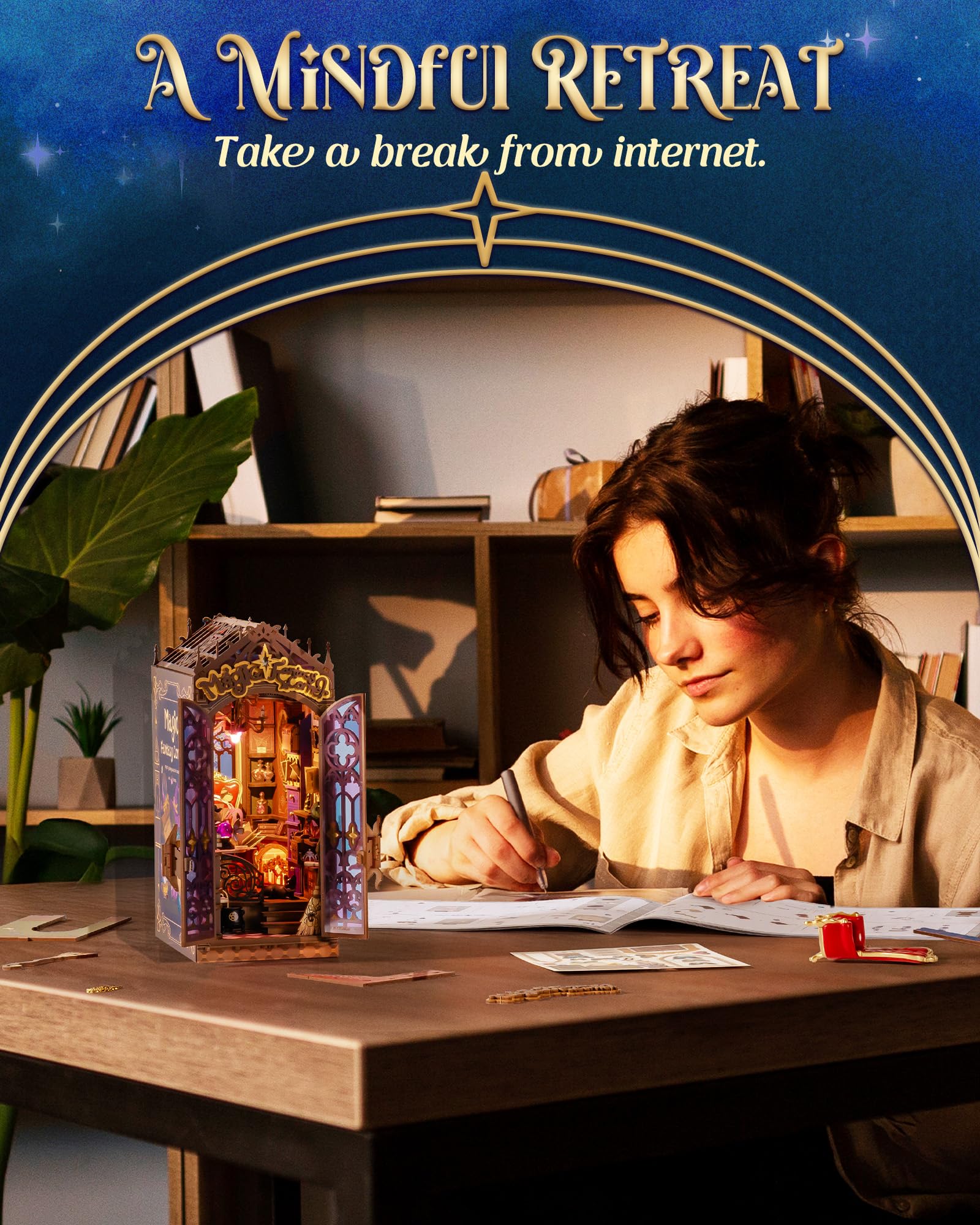 Rolife Book Nook Kit Dust-Free Display: door seals dust, protecting the tiny world.