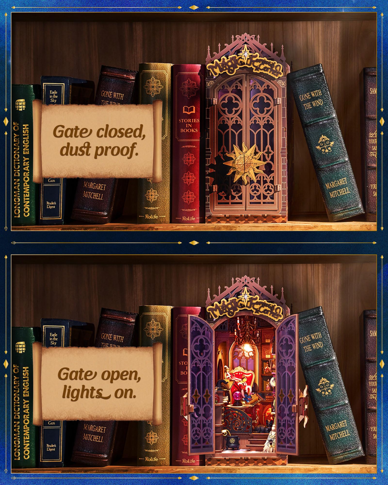 Rolife Book Nook Kit Vintage Pendant Lamp: soft lighting highlights craftsmanship.