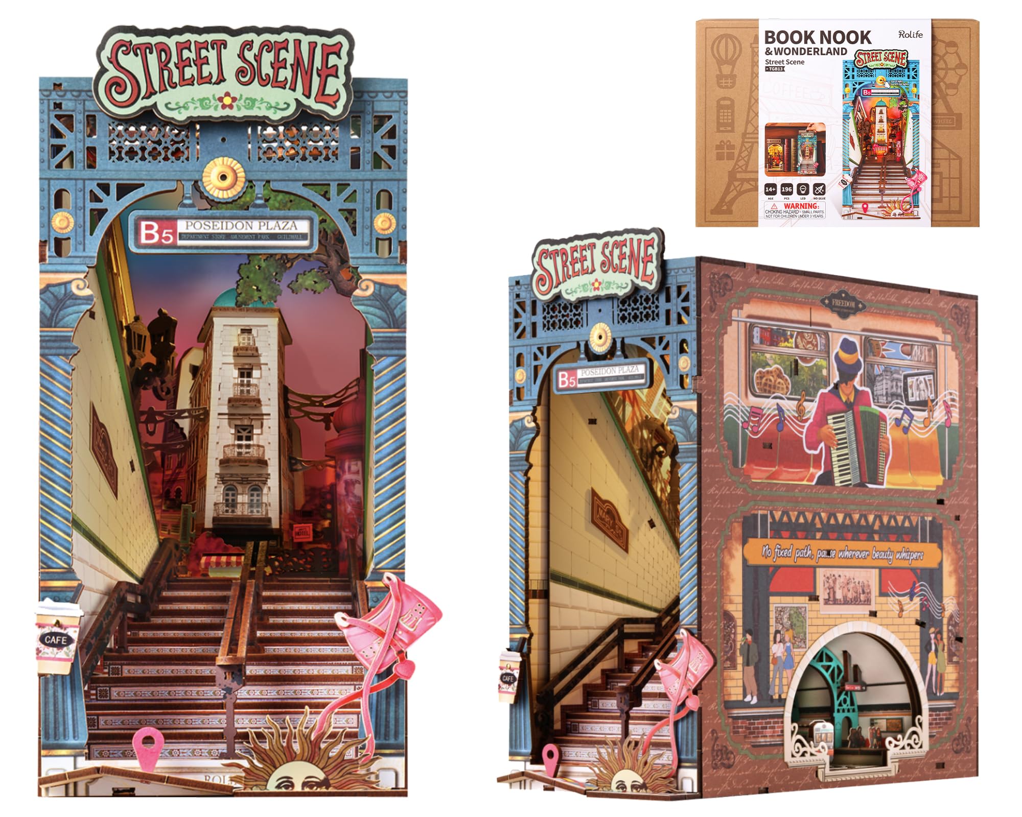 Rolife Book Nook cityscape daylight scene enhances modern decor with crisp skyline detail.