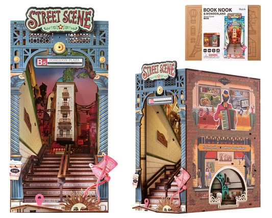 Rolife Book Nook cityscape daylight scene enhances modern decor with crisp skyline detail.