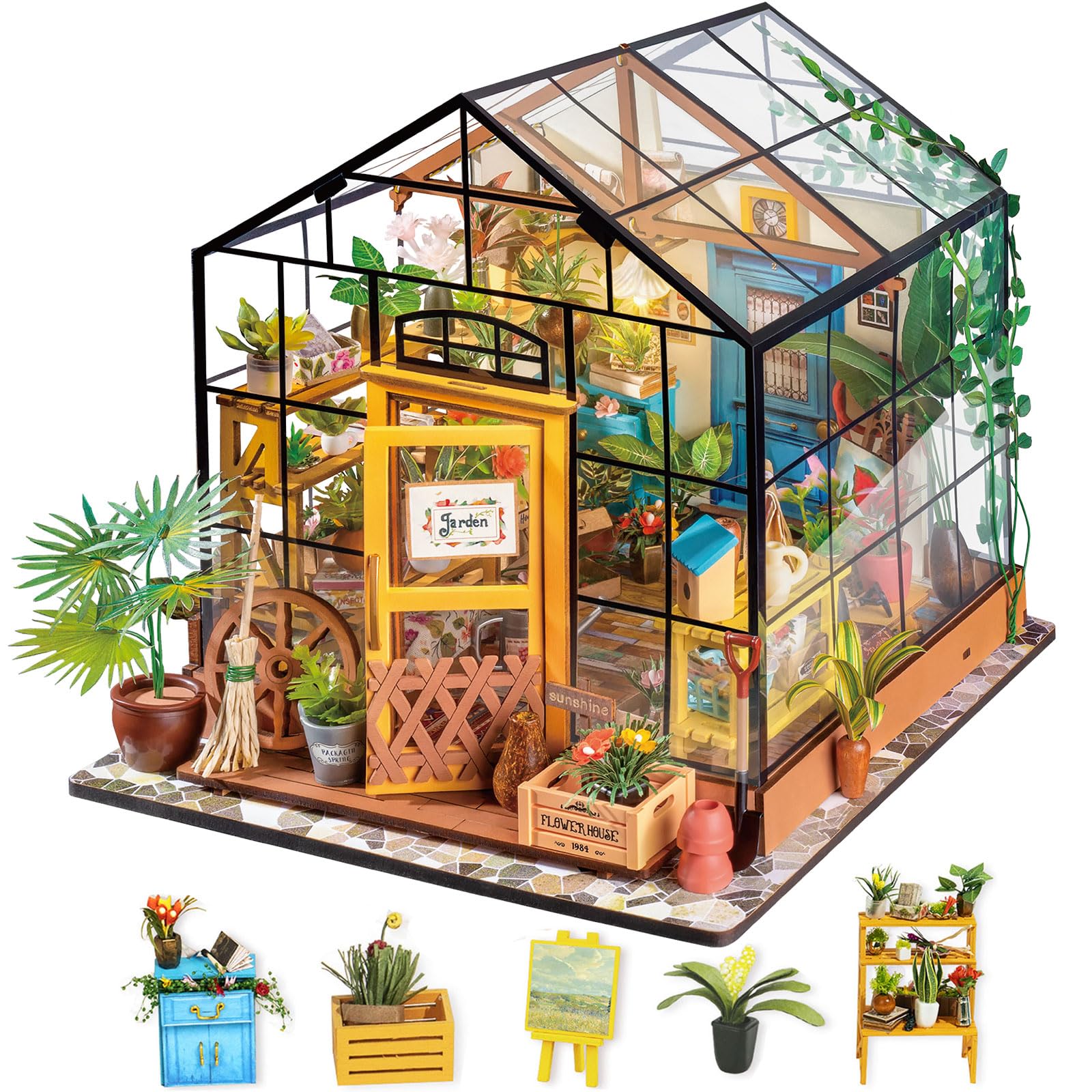 Rolife Cathy's Flower House greenhouse interior showcases lush blooms and a clear window wall for elegant decor.