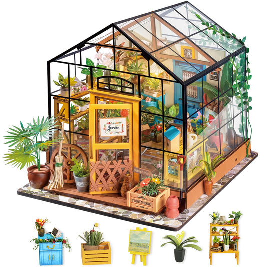 Rolife Cathy's Flower House greenhouse interior showcases lush blooms and a clear window wall for elegant decor.