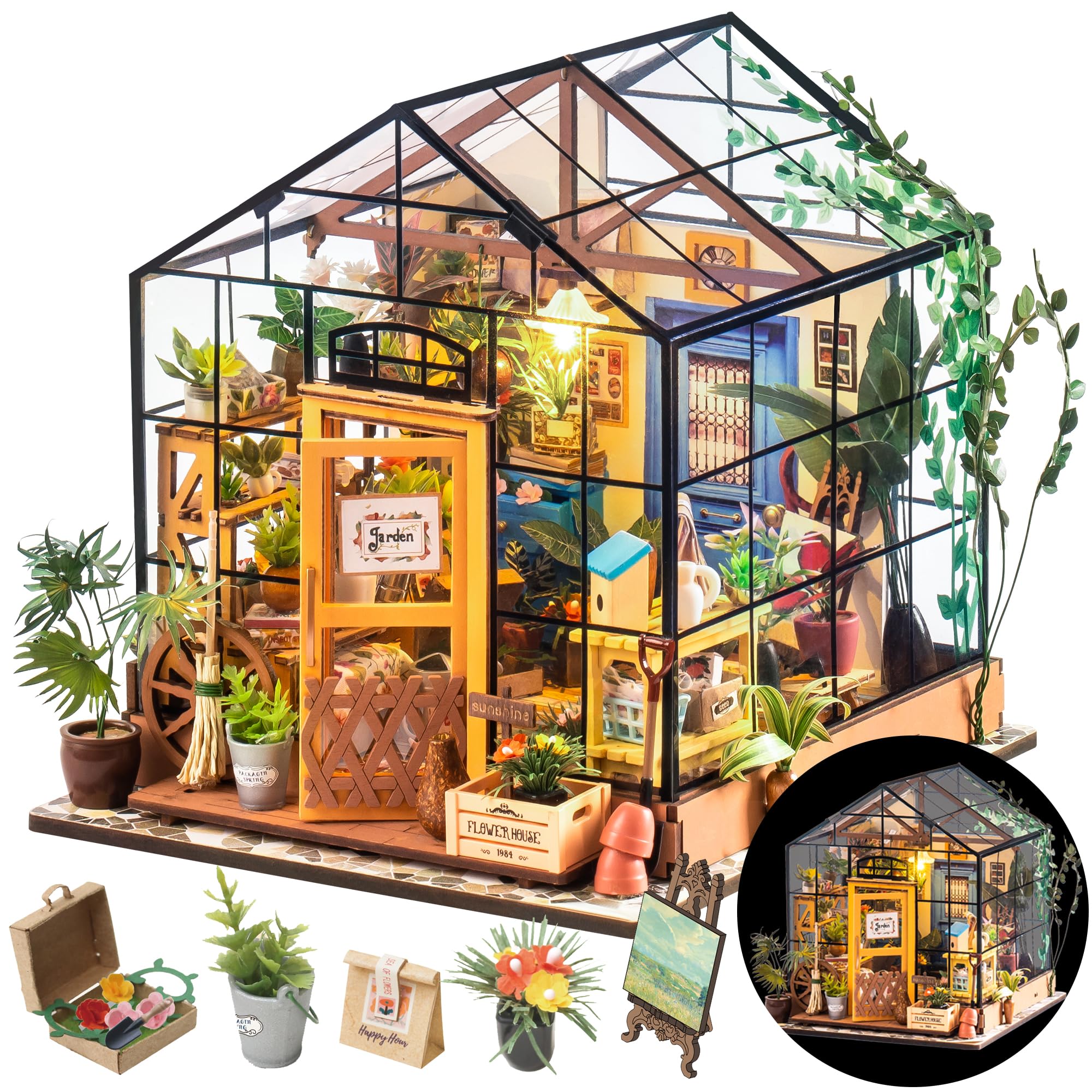 Rolife Cathy’s Greenhouse front view with lush plants for tabletop decor