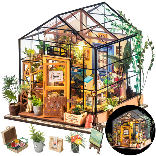 Rolife Cathy’s Greenhouse front view with lush plants for tabletop decor