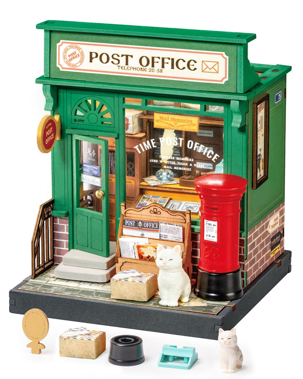 Rolife Century Post Office kit assembly view highlights precise parts for hobbyists