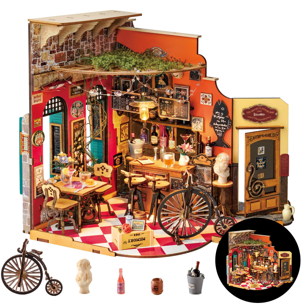 Rolife Cheers Bar Dining miniature scene opens; ideal bookshelf display.
