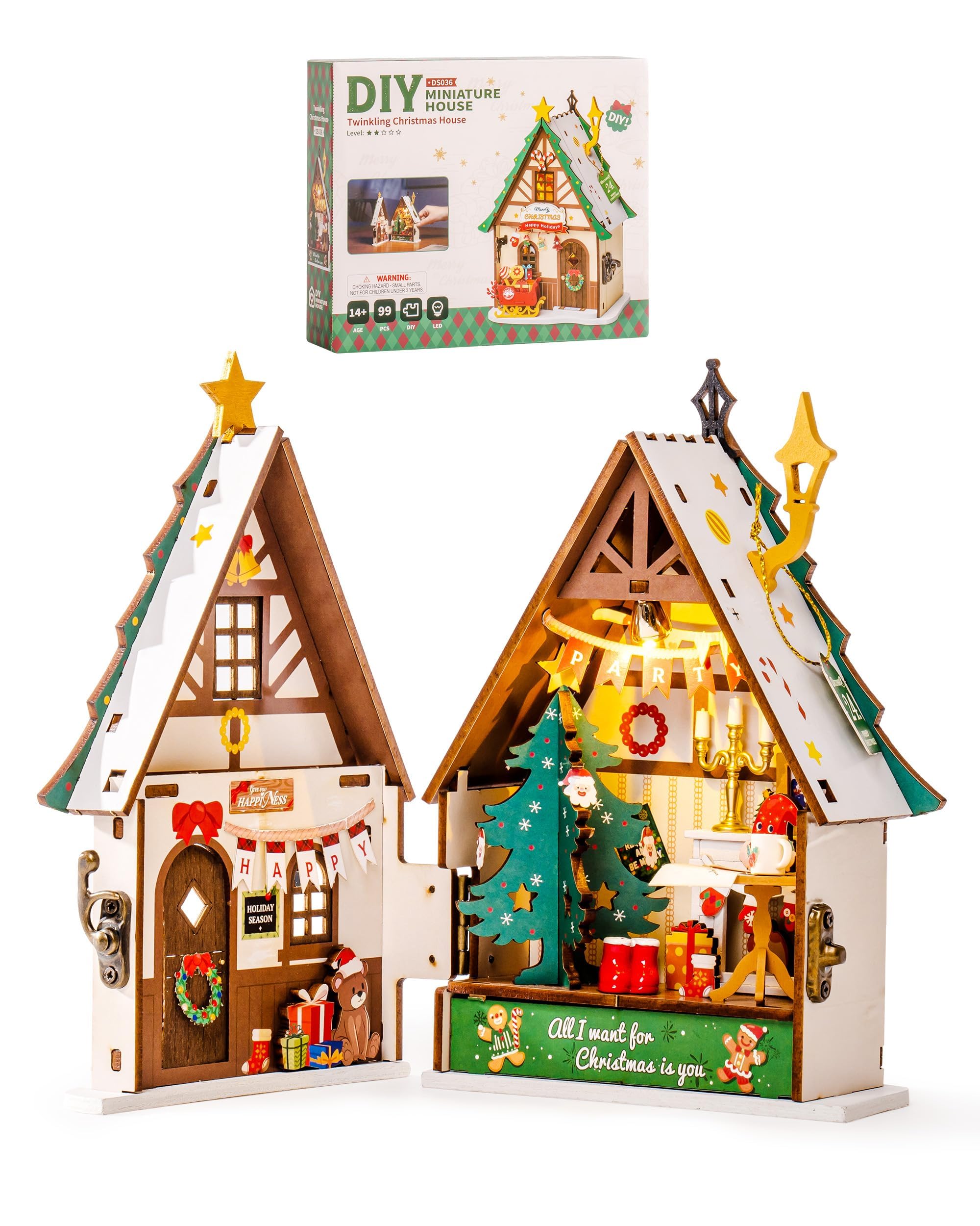 Rolife Christmas House Kit, front view, enhances festive desk decor and cozy vibes.