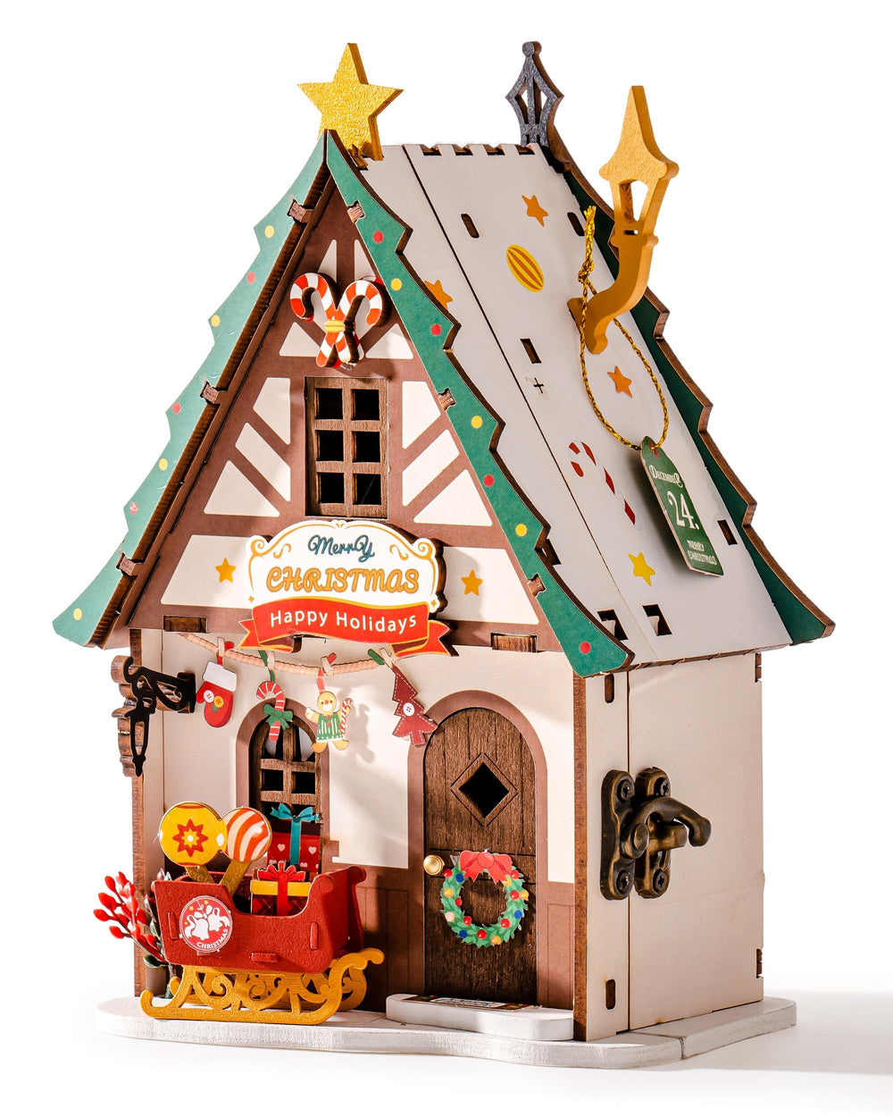 Rolife Christmas House Kit openable scene, dual views for interactive holiday display.