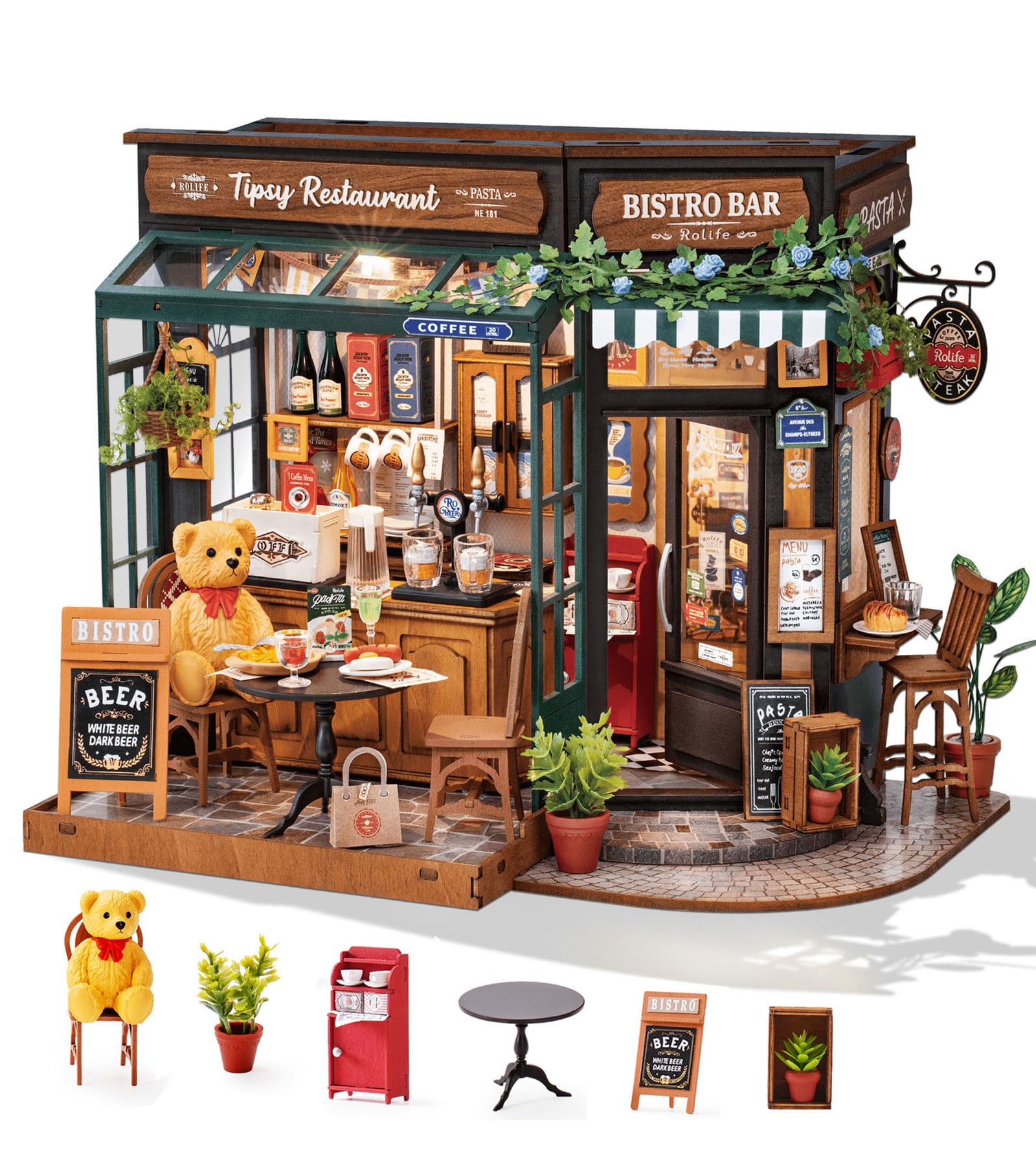 Rolife coffee-bar dollhouse front facade adds welcoming storefront charm to your shelf.