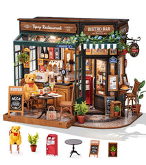 Rolife coffee-bar dollhouse front facade adds welcoming storefront charm to your shelf.