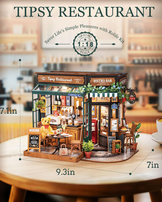 Rolife coffee-bar dollhouse interior dining table creates intimate scene for imaginative play.