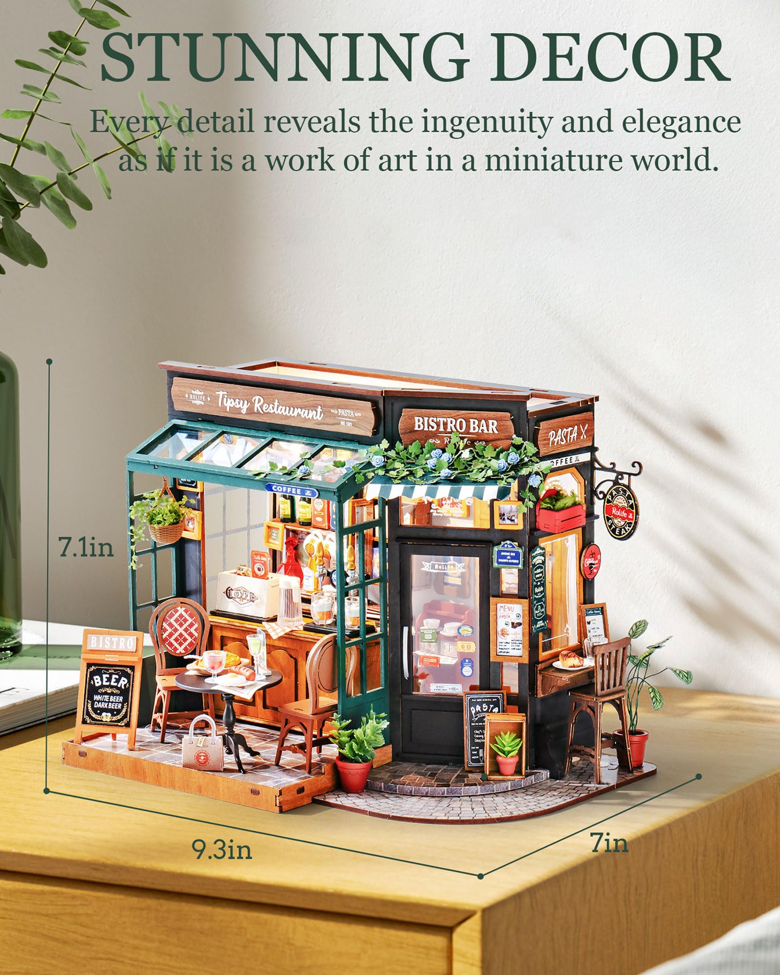 Rolife miniature furniture set provides authentic scale details for realistic-looking setup.