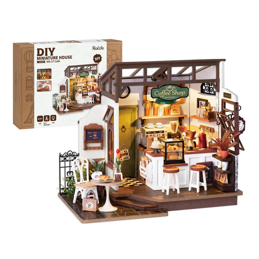 Rolife coffee shop dollhouse kit with LED lights for warm desk ambiance