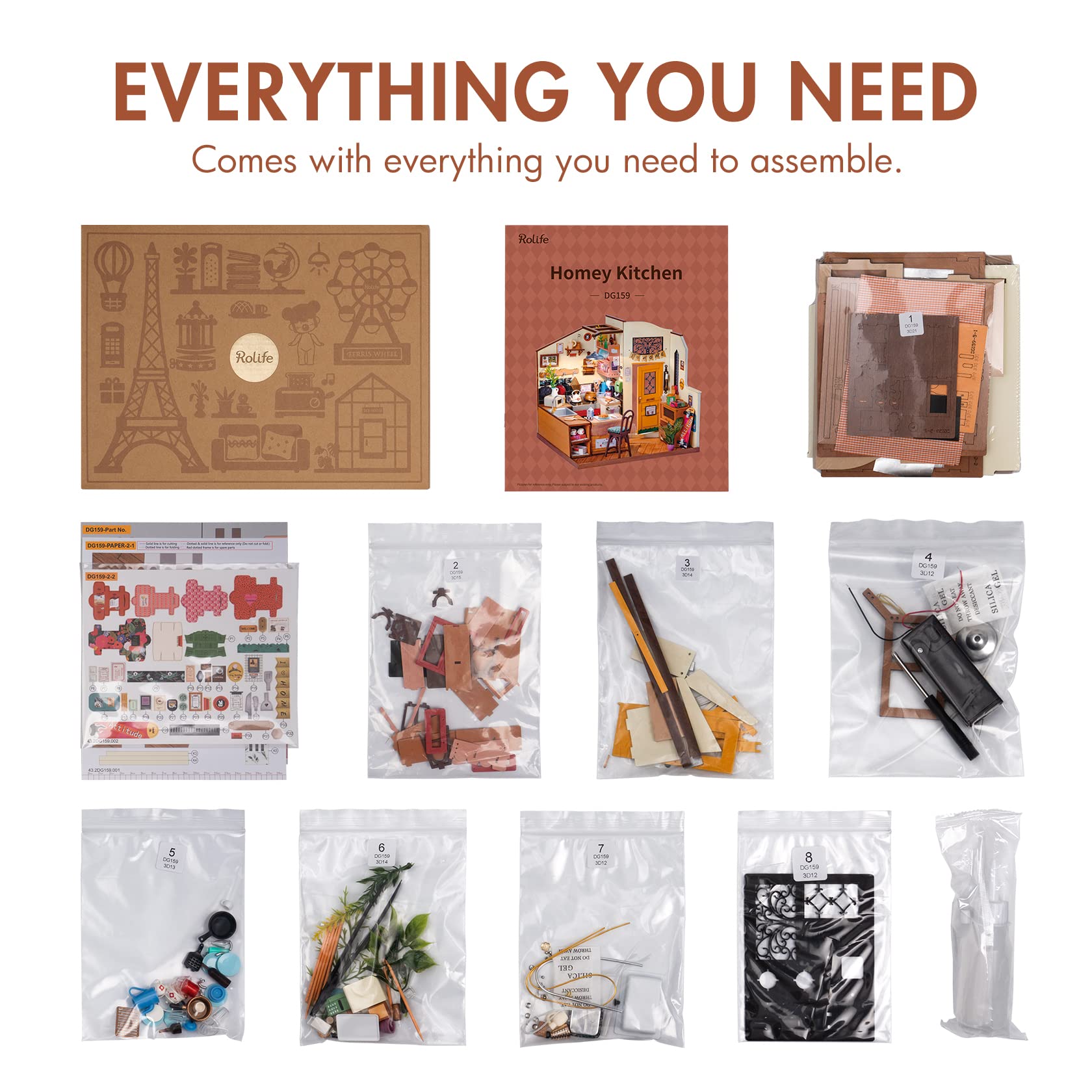 Rolife unfinished kit parts spread invites painting and personal design.