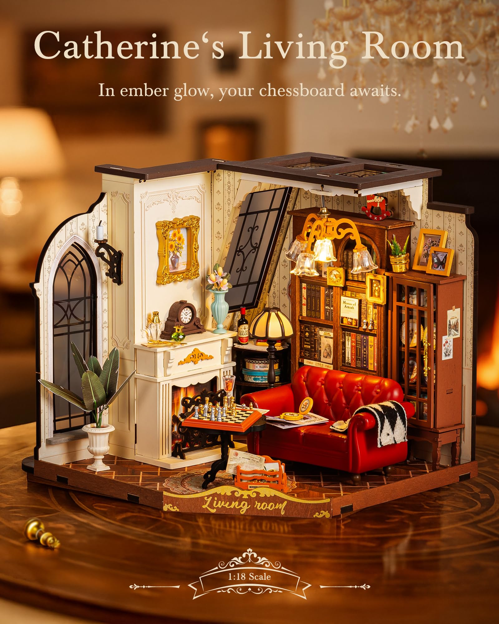 Rolife diorama fireplace and herringbone floor enhances period ambiance