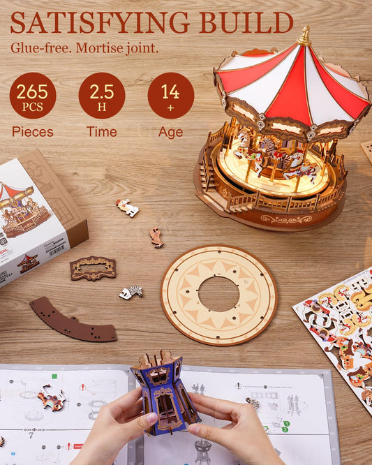 Rolife carousel puzzle gears visible during assembly, showcasing craftsmanship.