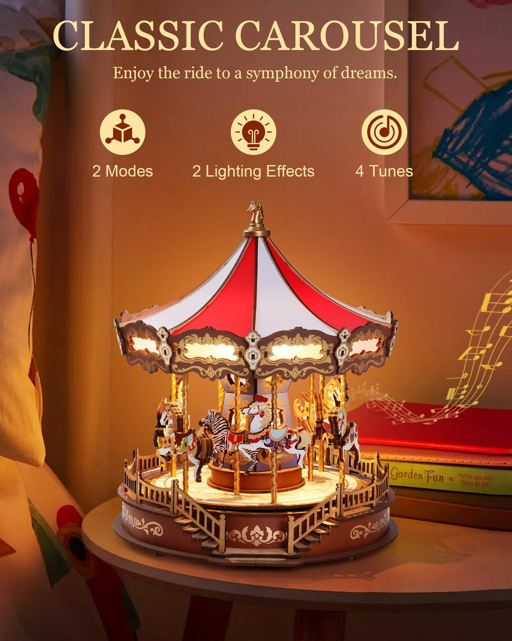 Rolife carousel music box top view reveals smooth rotation and ambience.