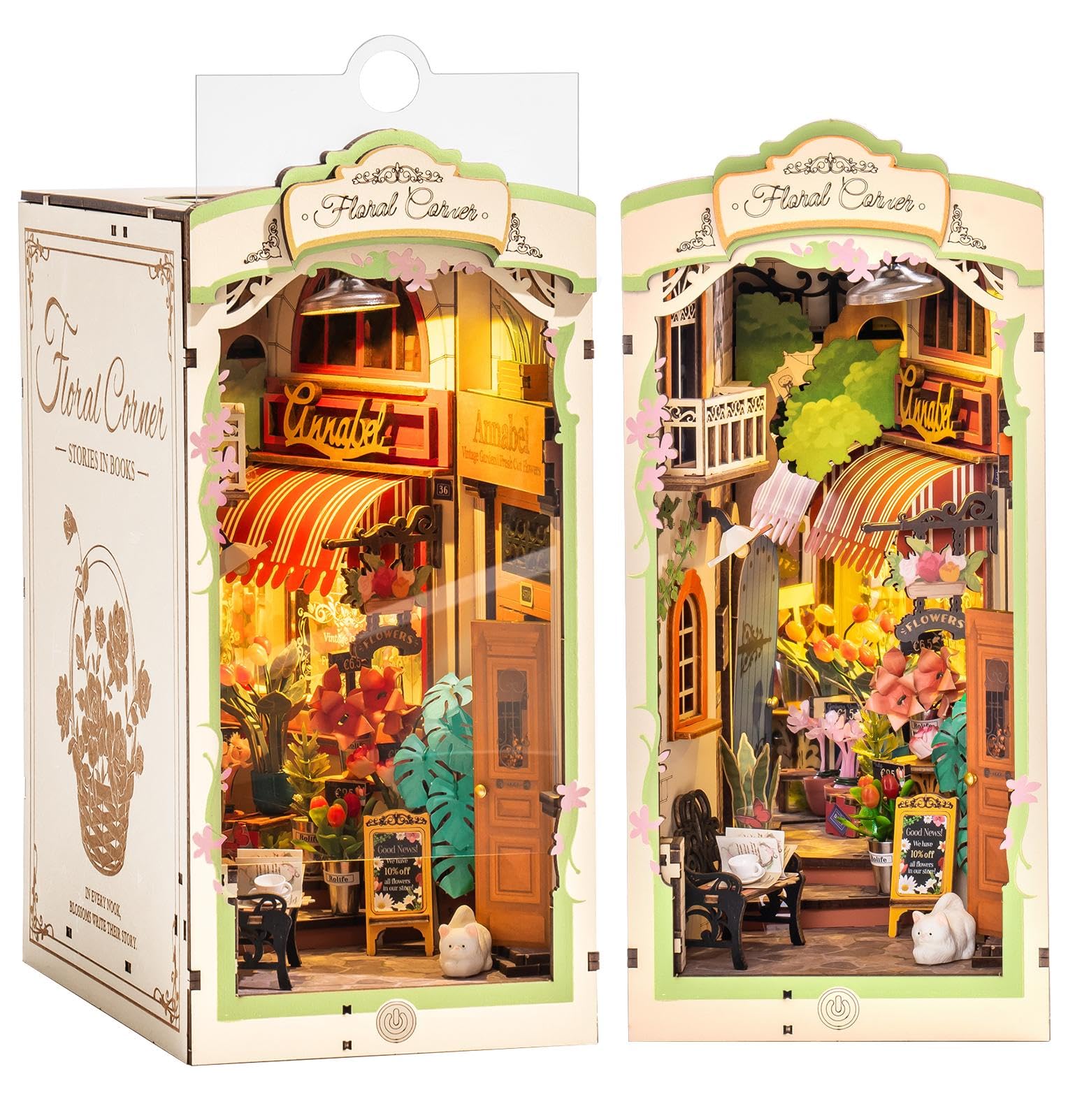 Rolife Flower Corner book nook adds romantic florals to your shelf display.