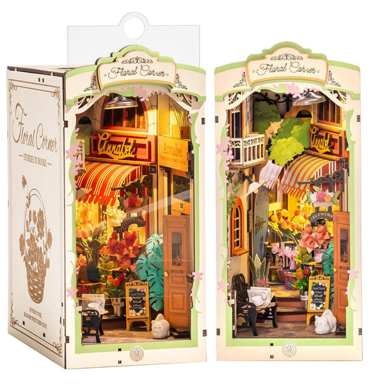 Rolife Flower Corner book nook adds romantic florals to your shelf display.