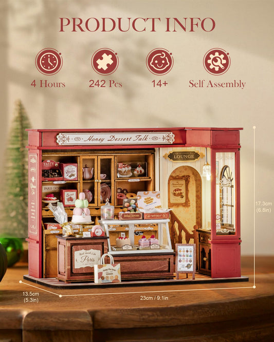 Rolife patisserie interior detail with pastel pastries for charming shelf decor.