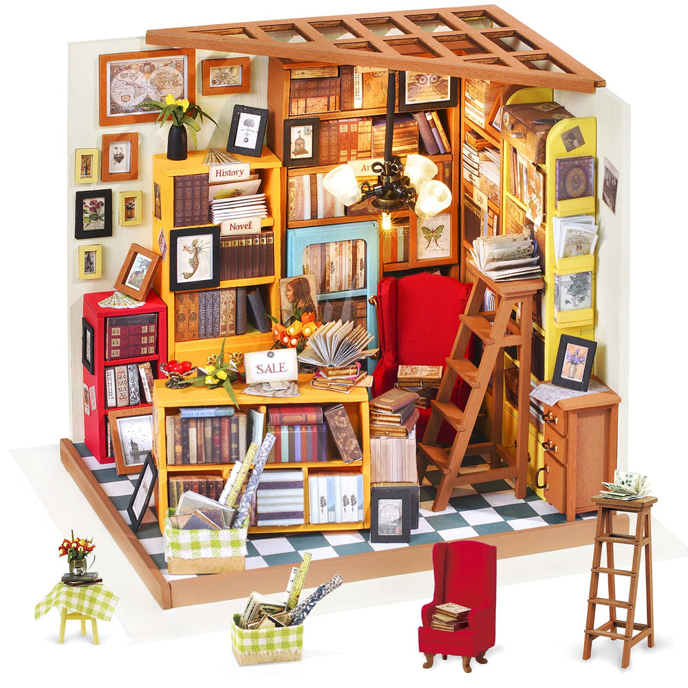 Rolife DIY miniature dollhouse bookstore room kit for cozy display and play
