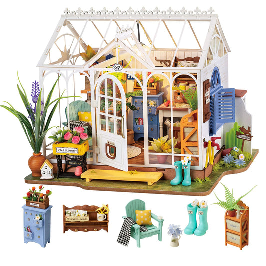Rolife DIY miniature greenhouse kit in assembly phase for a calming creative project.