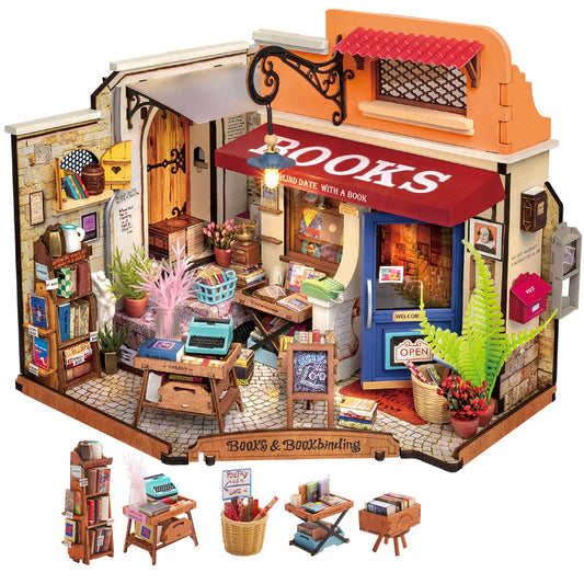 Rolife DIY miniature bookstore facade with inviting storefront charm for a cozy display.