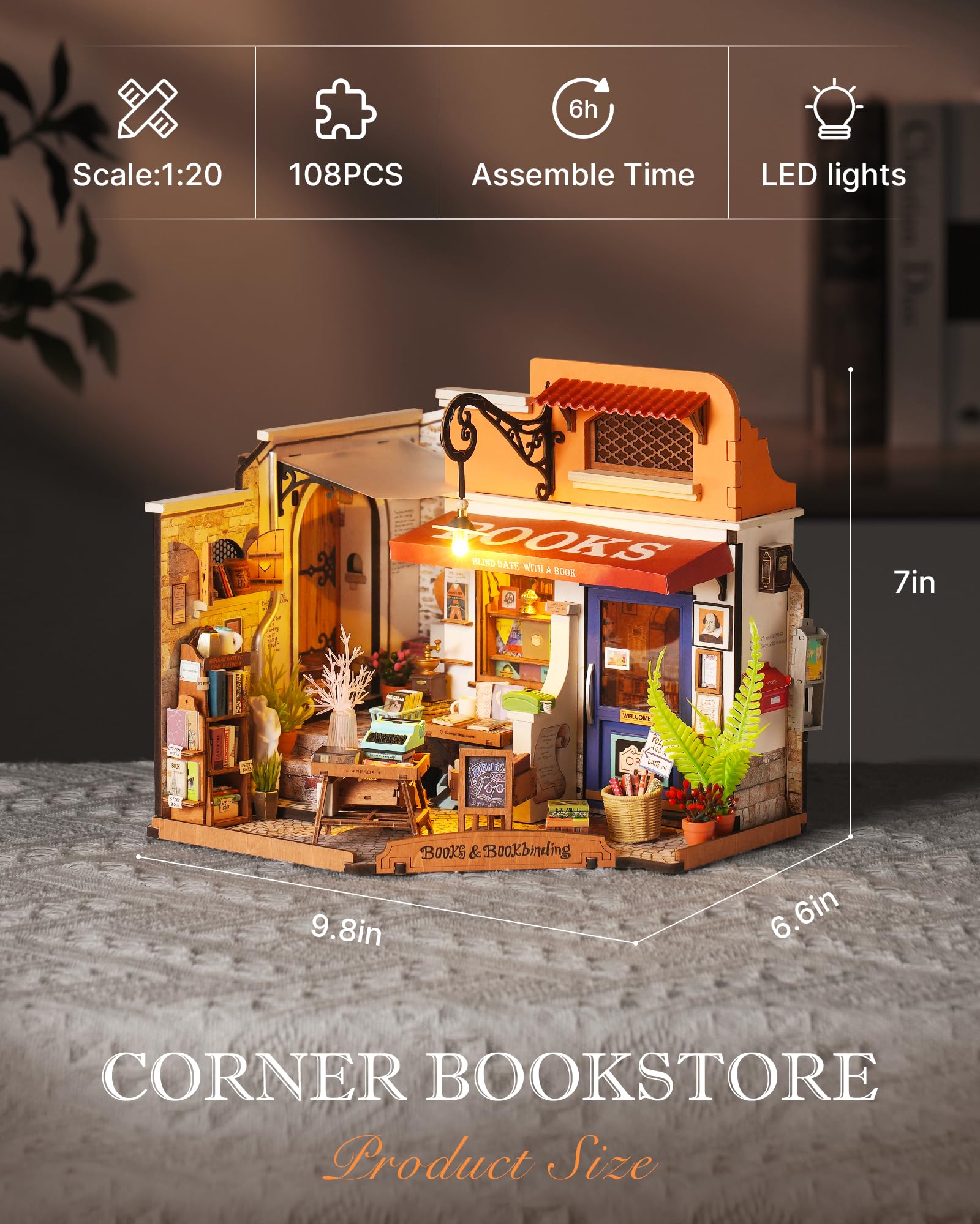 Rolife interior furniture and tiny plants bring the miniature shop to life.