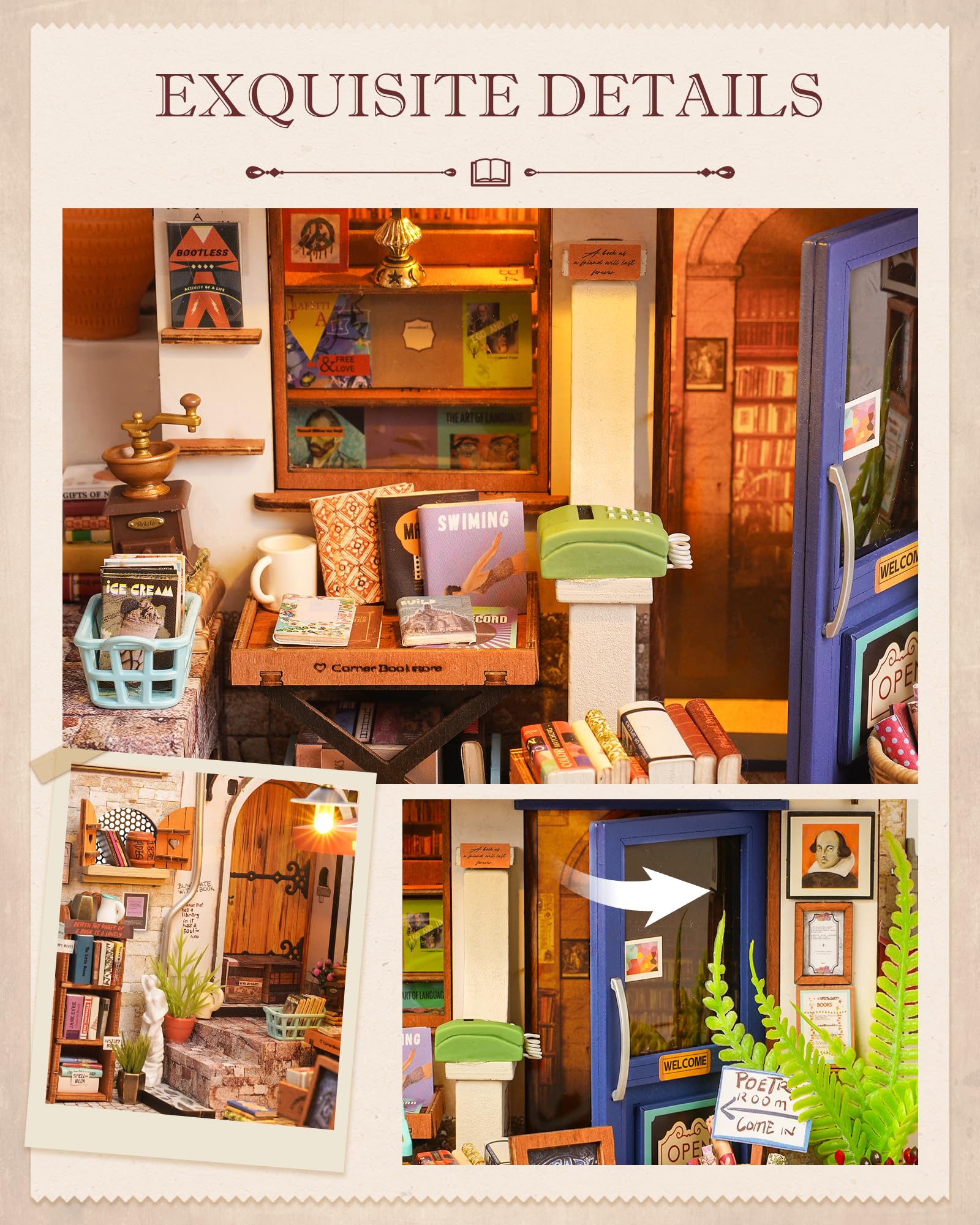 Rolife LED lights illuminate the mini bookstore creating a warm, inviting ambiance.
