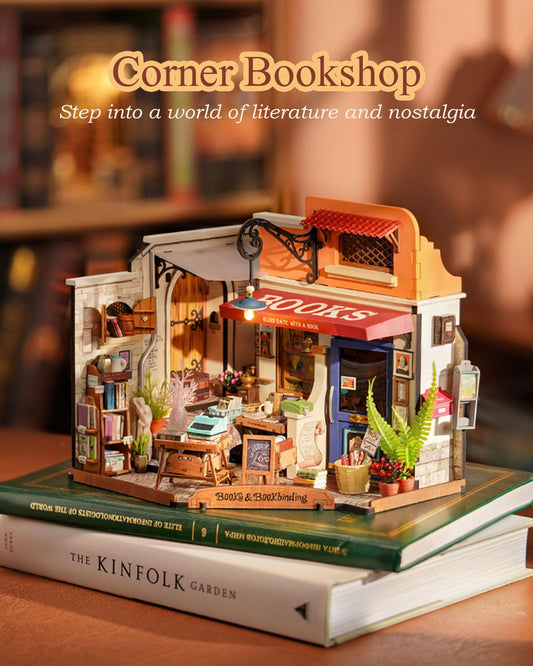Rolife miniature bookstore shelves filled with tiny books for a realistic diorama.