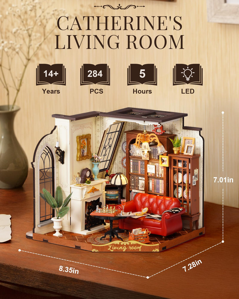 Rolife dollhouse interior detail reveals fine furniture for display and mindful crafting.