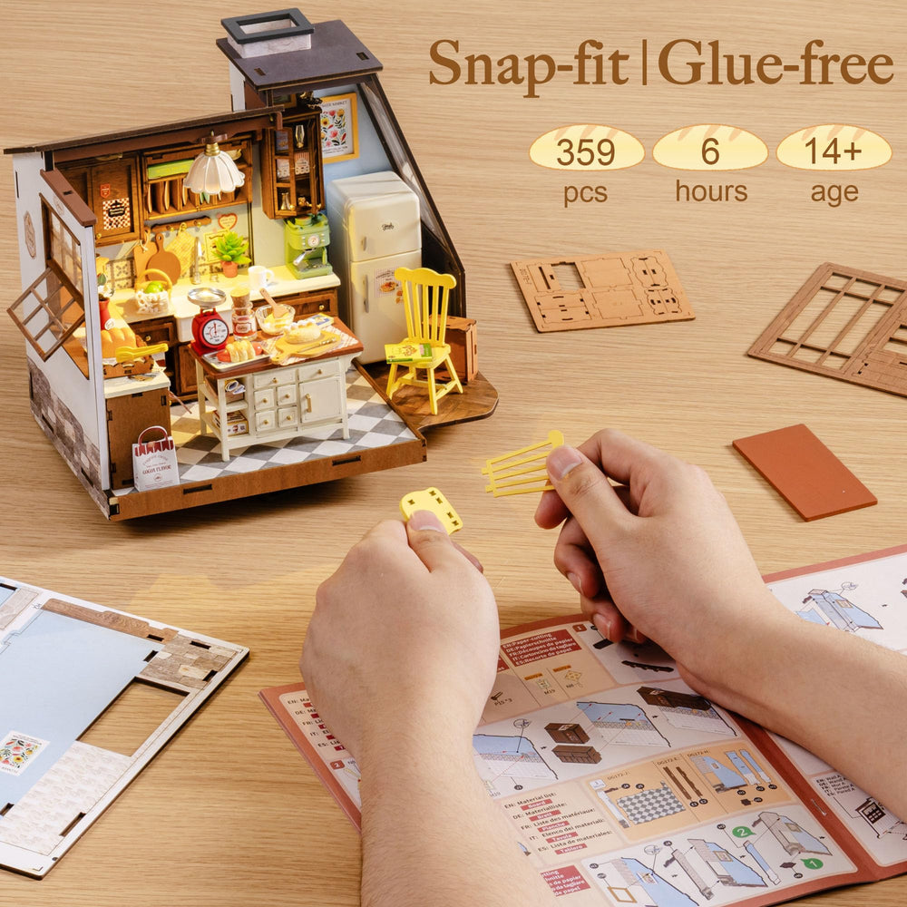 Rolife DIY miniature house kit European kitchen detail, showcasing intricate furniture design.