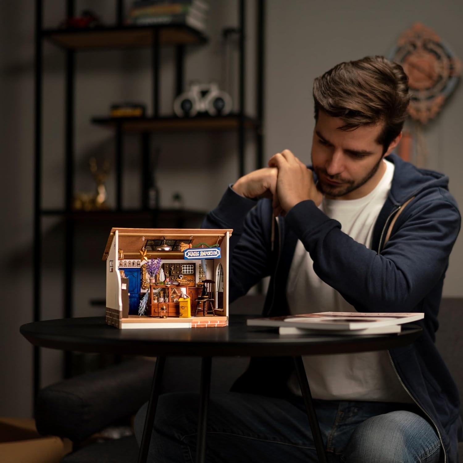 Rolife Magic House furniture set with mini desk, shelves, and decor.