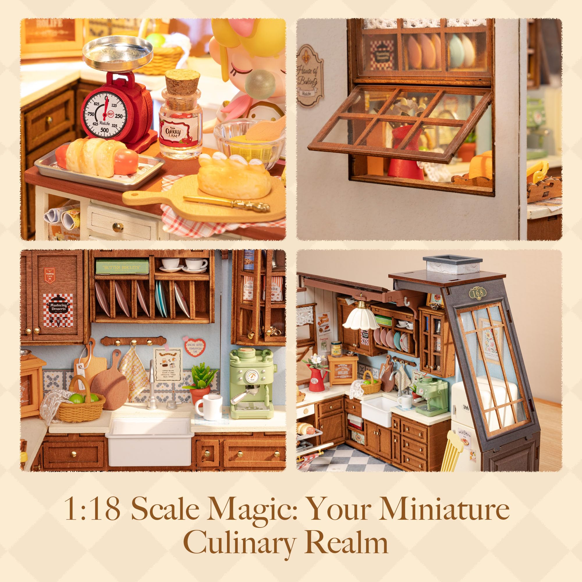 Rolife mini kitchen scene with milk and flour aroma vibe, a warm morning feel.