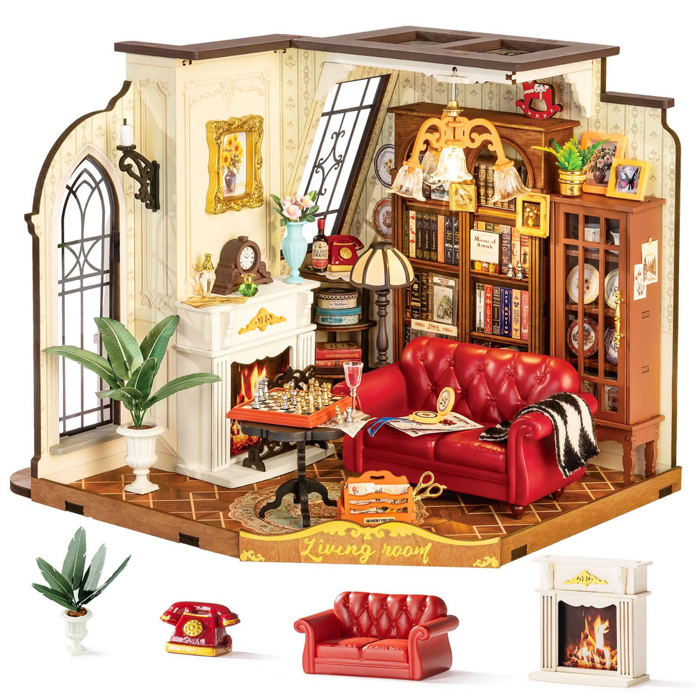 Rolife Victorian Parlor kit close-up of intricate flooring and fireplace details