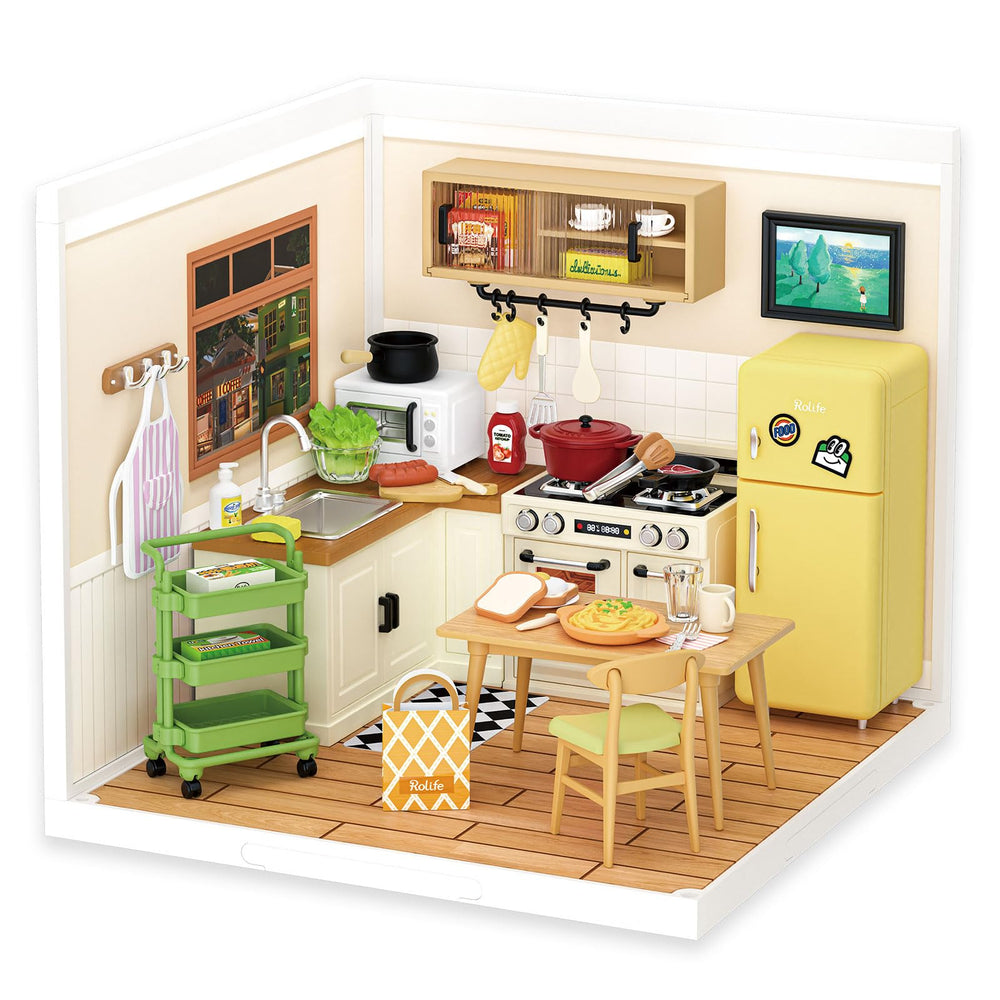 Rolife DIY miniature kitchen house with LED lighting for vivid displays.