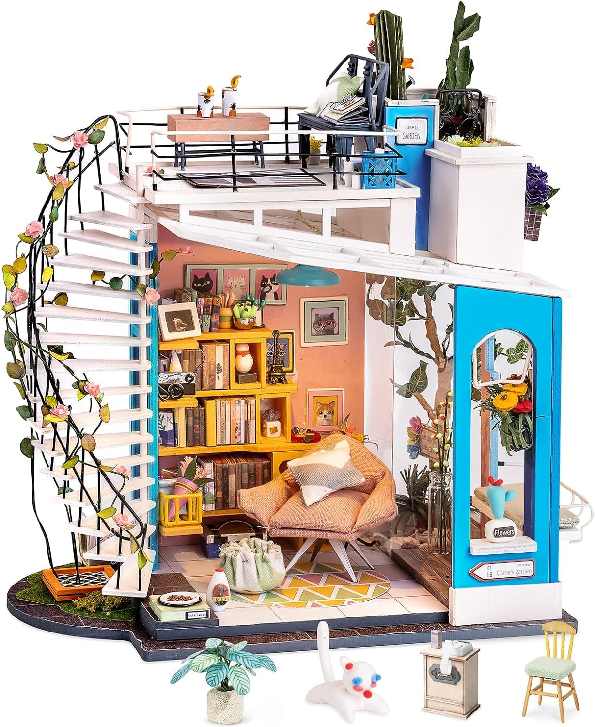 Rolife Dora's Rooftop dollhouse exterior view, ideal for compact display