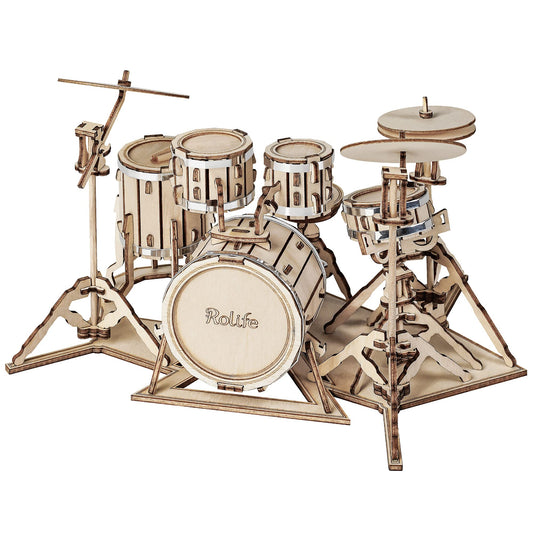 Rolife drum kit 3D puzzle parts show laser-cut precision for easy pop-out assembly