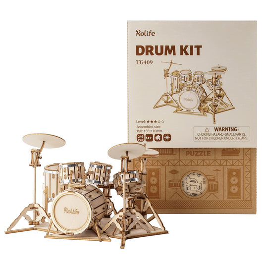 Rolife drum kit contents with sheets and instructions for a hands-on project.