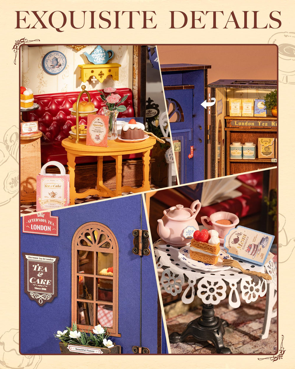 Rolife Edwardian Tea Room miniatures with pastries and ornate decor for charming display