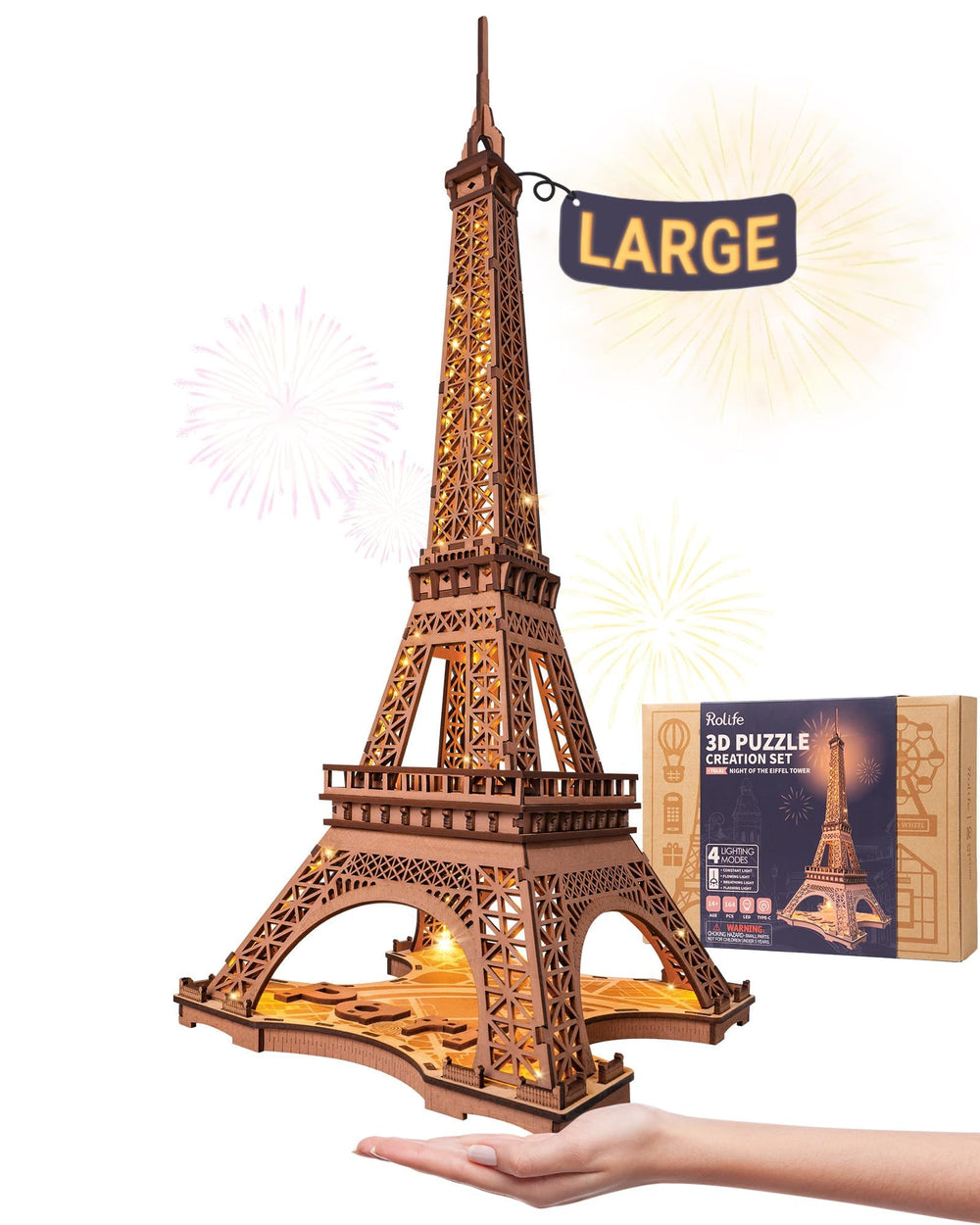 Rolife Eiffel Tower LED puzzle pack enhances home decor with a warm night glow.