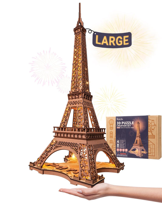 Rolife Eiffel Tower LED puzzle pack enhances home decor with a warm night glow.