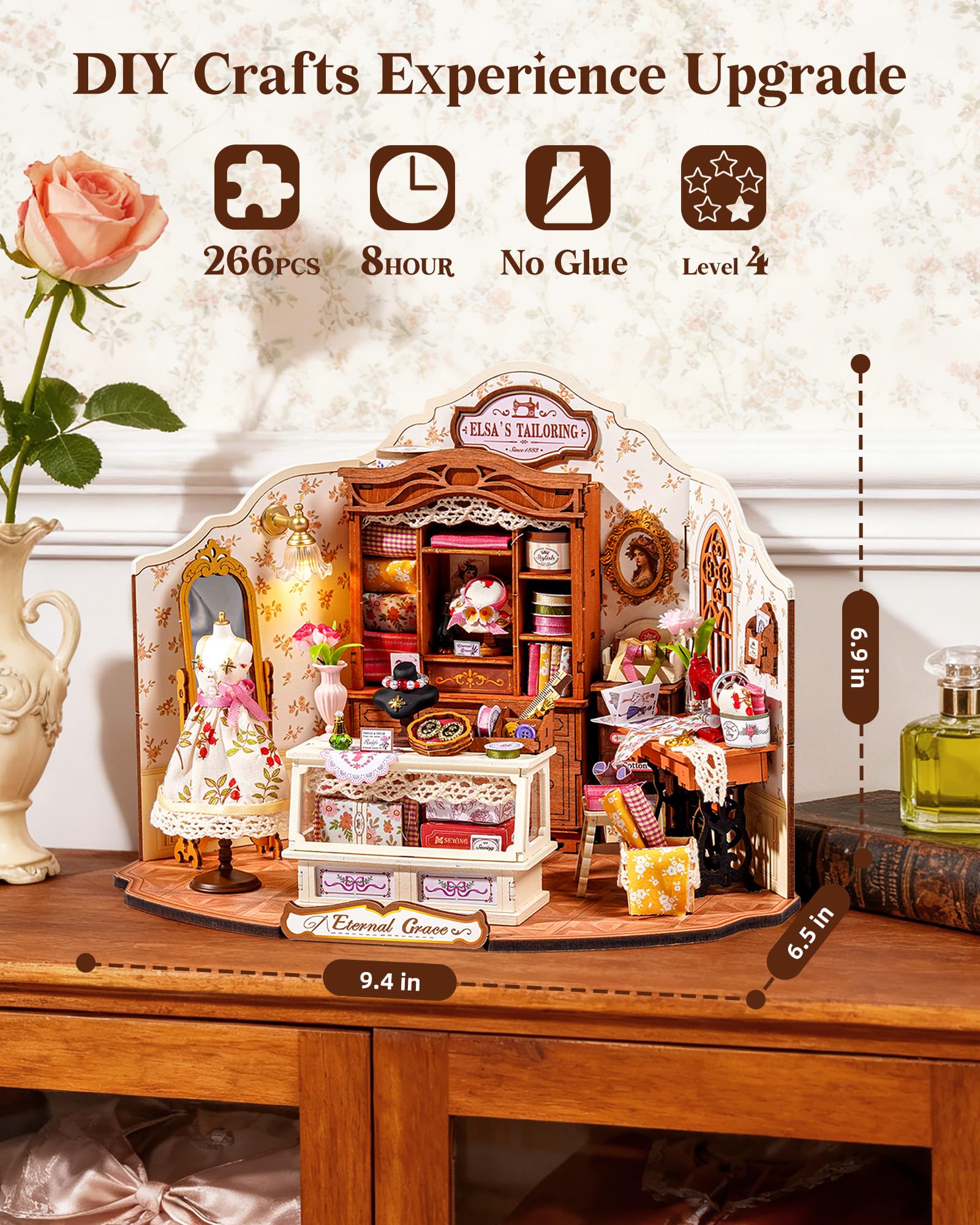 Rolife Elsa's Tailor Shop fabric rolls close-up inspires tactile creativity.