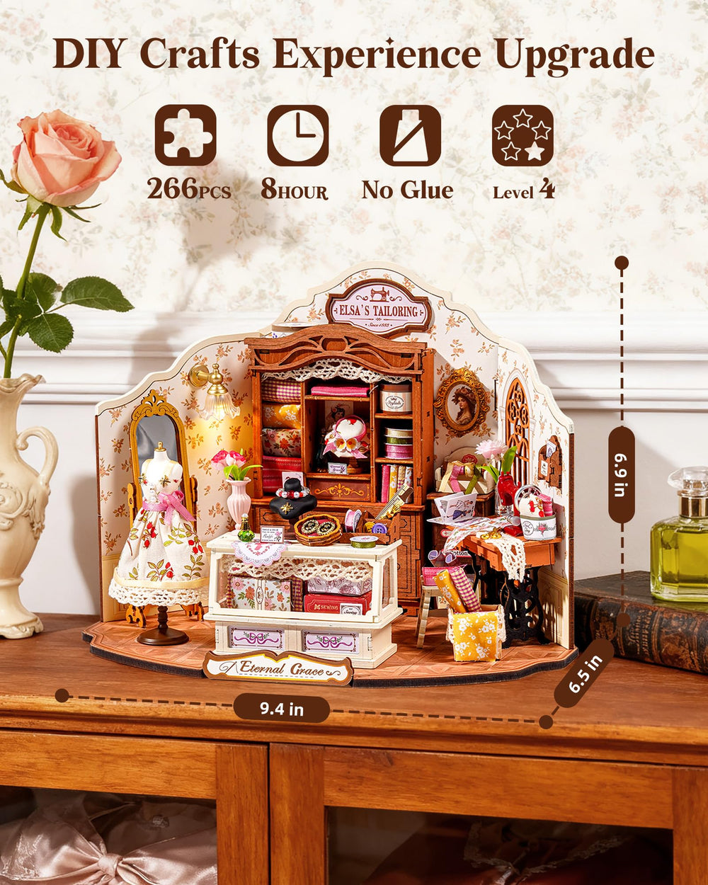 Rolife Elsa's Tailor Shop fabric rolls close-up inspires tactile creativity.