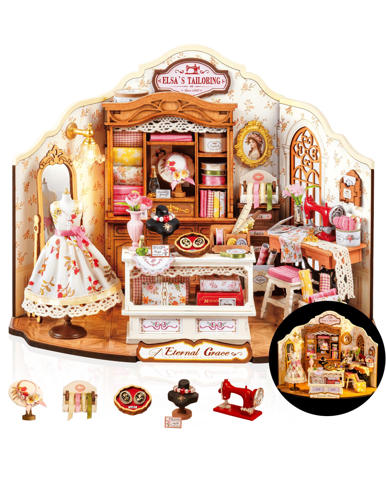 Rolife Elsa's Tailor Shop front view miniature workspace ready for assembly.