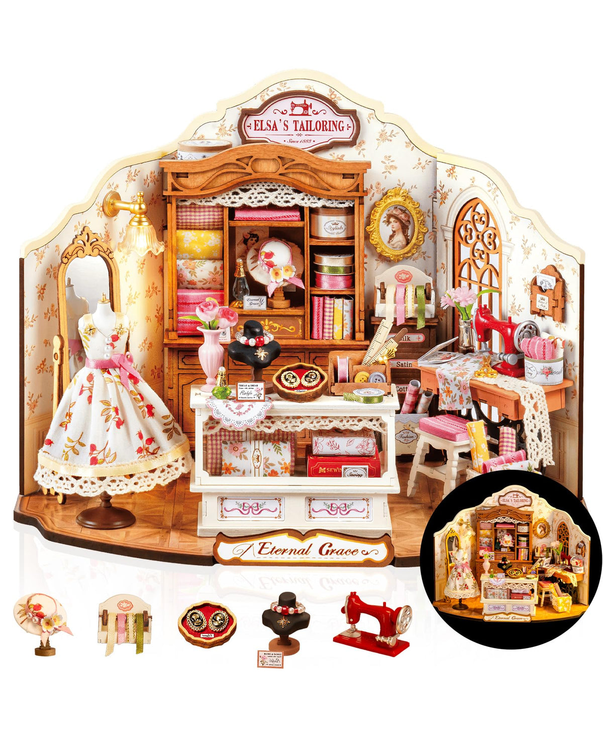 Rolife Elsa's Tailor Shop front view miniature workspace ready for assembly.
