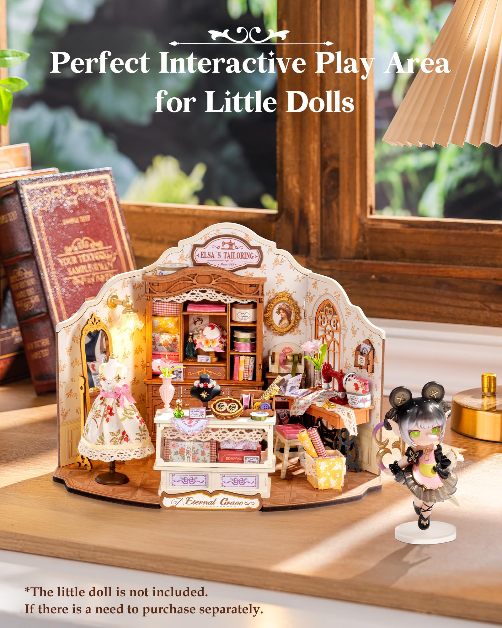 Rolife Elsa's Tailor Shop vintage décor pieces add nostalgic charm.
